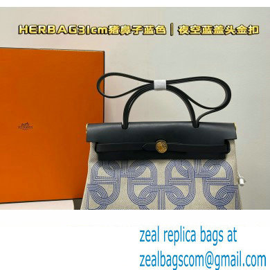 Hermes Herbag Zip 31 bag Dark Blue with Gold Hardware in H Plume canvas with Circuit 24 motif (Full Handmade)